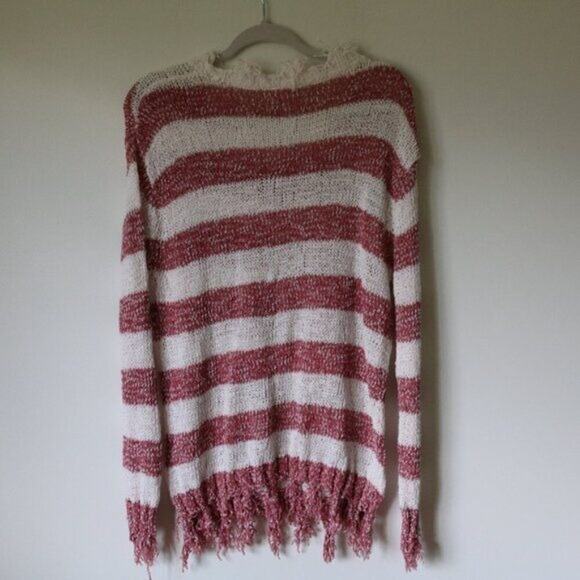 Women's Red and White Striped Distressed Long Sleeve Sweater Medium - Picture 5 of 5